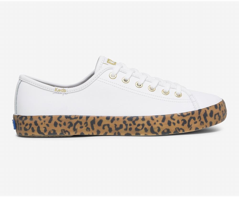 Women's Keds Kickstart Leather Leopard Foxing Sneakers White Brown 1423608DQ - South Africa